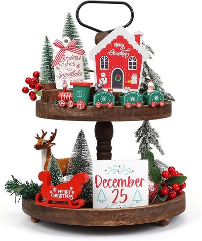 Christmas Decor, Christmas Decorations Indoor, 8PCS Christmas Tiered Tray Decorations, Christmas Table Decorations with Christmas Train Set, Farmhouse Home Room Kitchen Mantle Decor in Saudi Arabia