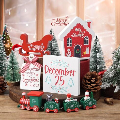 Christmas Decor, Christmas Decorations Indoor, 8PCS Christmas Tiered Tray Decorations, Christmas Table Decorations with Christmas Train Set, Farmhouse Home Room Kitchen Mantle Decor in Saudi Arabia