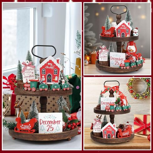 Christmas Decor, Christmas Decorations Indoor, 8PCS Christmas Tiered Tray Decorations, Christmas Table Decorations with Christmas Train Set, Farmhouse Home Room Kitchen Mantle Decor in Saudi Arabia