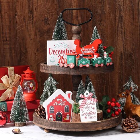 Christmas Decor, Christmas Decorations Indoor, 8PCS Christmas Tiered Tray Decorations, Christmas Table Decorations with Christmas Train Set, Farmhouse Home Room Kitchen Mantle Decor in Saudi Arabia