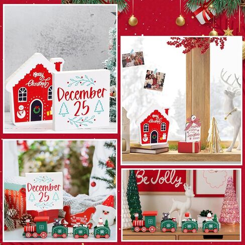 Christmas Decor, Christmas Decorations Indoor, 8PCS Christmas Tiered Tray Decorations, Christmas Table Decorations with Christmas Train Set, Farmhouse Home Room Kitchen Mantle Decor in Saudi Arabia