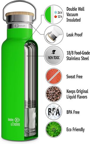 Kids Water Bottle Easy-Sip Straw Lid Leak-Proof Insulated Stainless Steel Thermos Perfect for School & Pickleball 3 Lids BPA-Free Keeps Drinks Cold for 24 Hours (Kiwi 12oz) in Saudi Arabia