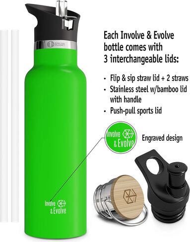 Kids Water Bottle Easy-Sip Straw Lid Leak-Proof Insulated Stainless Steel Thermos Perfect for School & Pickleball 3 Lids BPA-Free Keeps Drinks Cold for 24 Hours (Kiwi 12oz) in Saudi Arabia