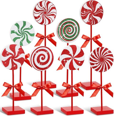 Amyhill 8 Pcs Christmas Candy Wooden Tabletop Decor Glitter Candy Cane Table Centerpiece Sign Xmas Candy Table Decorations for Christmas Tiered Tray Home Desk Office Party Decoration in Saudi Arabia