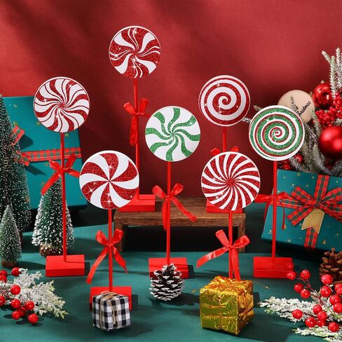 Amyhill 8 Pcs Christmas Candy Wooden Tabletop Decor Glitter Candy Cane Table Centerpiece Sign Xmas Candy Table Decorations for Christmas Tiered Tray Home Desk Office Party Decoration in Saudi Arabia