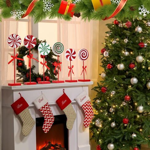 Amyhill 8 Pcs Christmas Candy Wooden Tabletop Decor Glitter Candy Cane Table Centerpiece Sign Xmas Candy Table Decorations for Christmas Tiered Tray Home Desk Office Party Decoration in Saudi Arabia