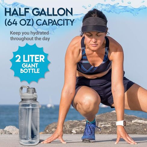 Motivational Half Gallon Water Bottle with Straw & Time Marker - Leakproof Flip Top 64 OZ Water Bottle - Reusable BPA Free Tritan Large 2 Liter Water Jug for Fitness Gym and Outdoor Sports in Saudi Arabia