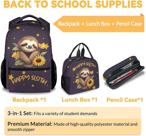 Sloth Backpack with Lunch Box for Girls, Set of 3 School Backpacks Matching Combo, Cute Bookbag and Pencil Case Bundle in Saudi Arabia