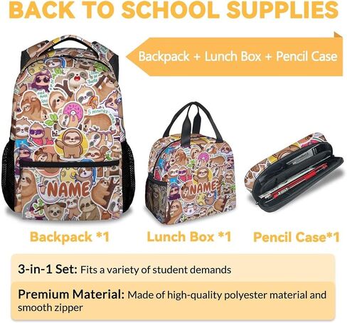 Sloth Backpack with Lunch Box for Girls, Set of 3 School Backpacks Matching Combo, Cute Bookbag and Pencil Case Bundle in Saudi Arabia