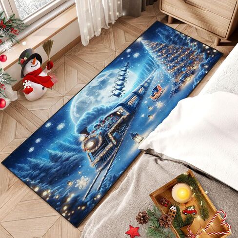 Christmas Snow Tree Elk Area Rug Winter Night Train Blue Runner Rug 2' x 6' Floor Entry Rug Non-Slip Washable Indoor Door Carpet Mat for Bedroom Kitchen Entryway Laundry Living Home Decor in Saudi Arabia