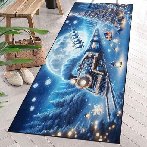 Christmas Snow Tree Elk Area Rug Winter Night Train Blue Runner Rug 2' x 6' Floor Entry Rug Non-Slip Washable Indoor Door Carpet Mat for Bedroom Kitchen Entryway Laundry Living Home Decor in Saudi Arabia