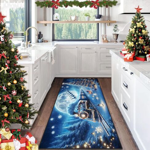 Christmas Snow Tree Elk Area Rug Winter Night Train Blue Runner Rug 2' x 6' Floor Entry Rug Non-Slip Washable Indoor Door Carpet Mat for Bedroom Kitchen Entryway Laundry Living Home Decor in Saudi Arabia