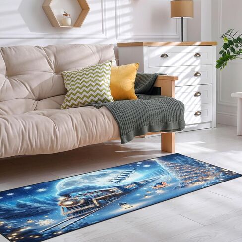 Christmas Snow Tree Elk Area Rug Winter Night Train Blue Runner Rug 2' x 6' Floor Entry Rug Non-Slip Washable Indoor Door Carpet Mat for Bedroom Kitchen Entryway Laundry Living Home Decor in Saudi Arabia