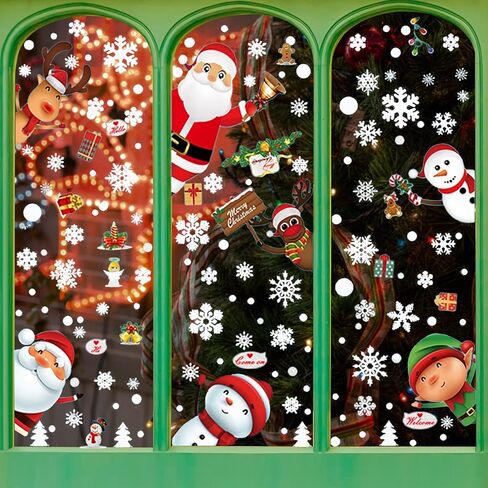 زينة نافذة عيد الميلاد - رقاقات الثلج ساتا كلوز عيد ميلاد سعيد ملصقات نافذة PVC، شارات نافذة شجرة عيد الميلاد للمنزل والمتجر، زينة عيد الميلاد للنوافذ الزجاجية in Kuwait