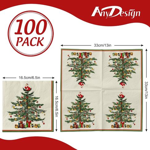 AnyDesign 100 حزمة من منديل ورقي لعيد الميلاد عتيق شجرة عيد الميلاد للاستعمال مرة واحدة منديل غداء ريترو حلوى عشاء منديل يد، 6.5 × 6.5 بوصة in Saudi Arabia
