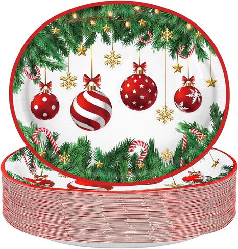 Christmas Paper Platters Disposable Christmas Ball Oval Party Plates 10" x 12" Large Christmas Dinner Serving Platters for Xmas Holiday Party Supplies Dinnerware Table Decorations, 50 Pcs in Saudi Arabia