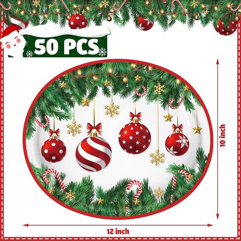 Christmas Paper Platters Disposable Christmas Ball Oval Party Plates 10" x 12" Large Christmas Dinner Serving Platters for Xmas Holiday Party Supplies Dinnerware Table Decorations, 50 Pcs in Saudi Arabia