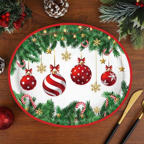 Christmas Paper Platters Disposable Christmas Ball Oval Party Plates 10" x 12" Large Christmas Dinner Serving Platters for Xmas Holiday Party Supplies Dinnerware Table Decorations, 50 Pcs in Saudi Arabia