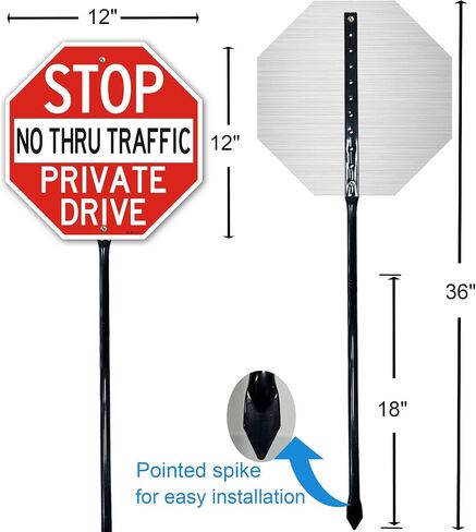 1Pack Large Stop Sign Private Drive Sign No Thru Traffic Sign with 36" Metal Thick Stakes, 12x12 Inch Rust Free Heavy Duty Reflective Aluminum,Easy to Mount,Outdoor use in Saudi Arabia