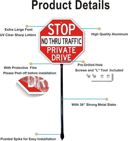 1Pack Large Stop Sign Private Drive Sign No Thru Traffic Sign with 36" Metal Thick Stakes, 12x12 Inch Rust Free Heavy Duty Reflective Aluminum,Easy to Mount,Outdoor use in Saudi Arabia