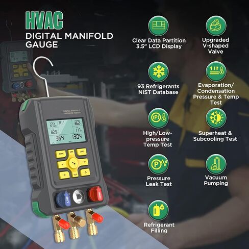 HVAC Gauges Digital Manifold Gauge Set HVAC Dual Pressure&Temp Test 89 Refrigerant Gauges Digital R22/R134A/R410A Refrigerant Recharge Kit 3.5" LCD Display HVAC Manifold Vacuum AC Gauges with Hoses in Saudi Arabia