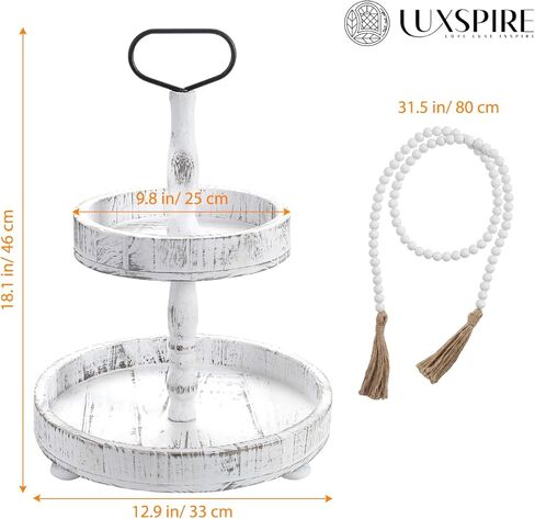 حامل صينية متدرج من Luxspire، ديكور صينية من طبقتين مع إكليل من الخرز الخشبي، صينية تزيين المزرعة، صينية تقديم من طبقتين لجزيرة المطبخ في بار القهوة، ديكور عيد الميلاد، أبيض ريفي in Kuwait