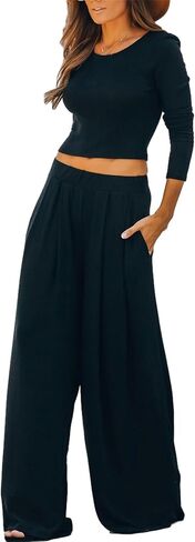 Betusline Women's casual 2 Piece Outfits Long Sleeve Crewneck Solid Color Ribbed Knit Tops Wide Leg Pants Casual Set in Saudi Arabia