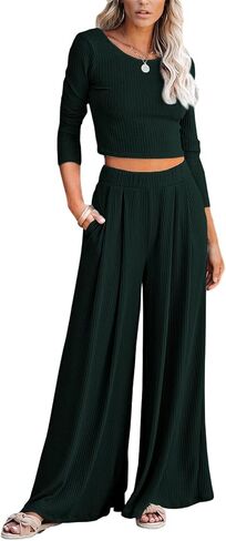 Betusline Women's casual 2 Piece Outfits Long Sleeve Crewneck Solid Color Ribbed Knit Tops Wide Leg Pants Casual Set in Saudi Arabia