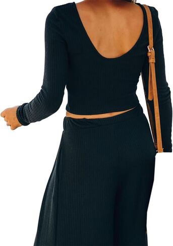 Betusline Women's casual 2 Piece Outfits Long Sleeve Crewneck Solid Color Ribbed Knit Tops Wide Leg Pants Casual Set in Saudi Arabia