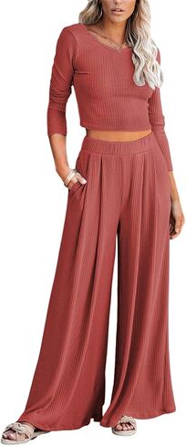 Betusline Women's casual 2 Piece Outfits Long Sleeve Crewneck Solid Color Ribbed Knit Tops Wide Leg Pants Casual Set in Saudi Arabia