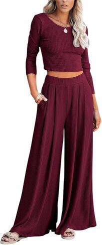 Betusline Women's casual 2 Piece Outfits Long Sleeve Crewneck Solid Color Ribbed Knit Tops Wide Leg Pants Casual Set in Saudi Arabia