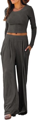 Betusline Women's casual 2 Piece Outfits Long Sleeve Crewneck Solid Color Ribbed Knit Tops Wide Leg Pants Casual Set in Saudi Arabia