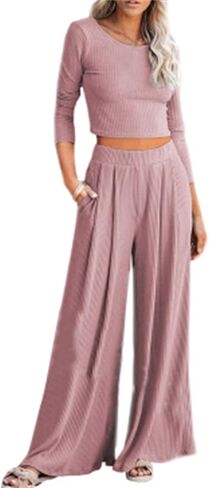 Betusline Women's casual 2 Piece Outfits Long Sleeve Crewneck Solid Color Ribbed Knit Tops Wide Leg Pants Casual Set in Saudi Arabia