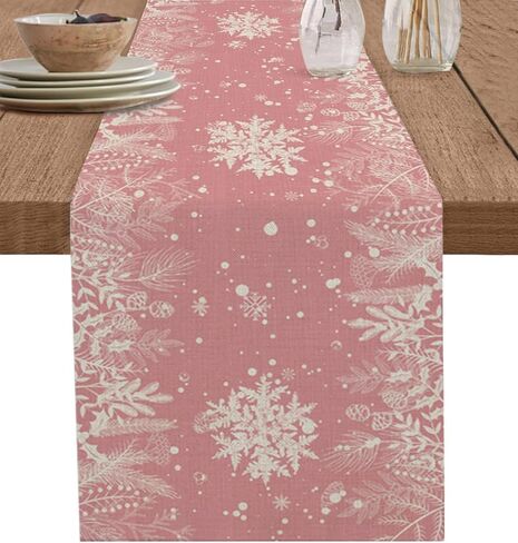 Pink Christmas Table Runner 90 Inches Long for Dining Table Decor, Cotton Linen Winter Snowflake Table Runner Washable Dresser Scarf for Kitchen Christmas Holiday Seasonal Leaves Pine Cones in Kuwait