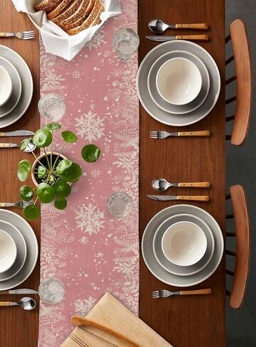 Pink Christmas Table Runner 90 Inches Long for Dining Table Decor, Cotton Linen Winter Snowflake Table Runner Washable Dresser Scarf for Kitchen Christmas Holiday Seasonal Leaves Pine Cones in Kuwait