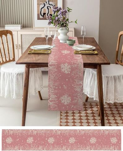 Pink Christmas Table Runner 90 Inches Long for Dining Table Decor, Cotton Linen Winter Snowflake Table Runner Washable Dresser Scarf for Kitchen Christmas Holiday Seasonal Leaves Pine Cones in Kuwait