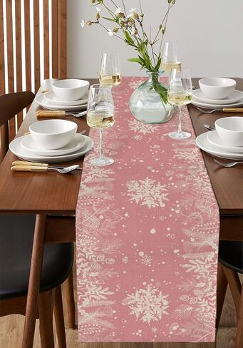 Pink Christmas Table Runner 90 Inches Long for Dining Table Decor, Cotton Linen Winter Snowflake Table Runner Washable Dresser Scarf for Kitchen Christmas Holiday Seasonal Leaves Pine Cones in Kuwait