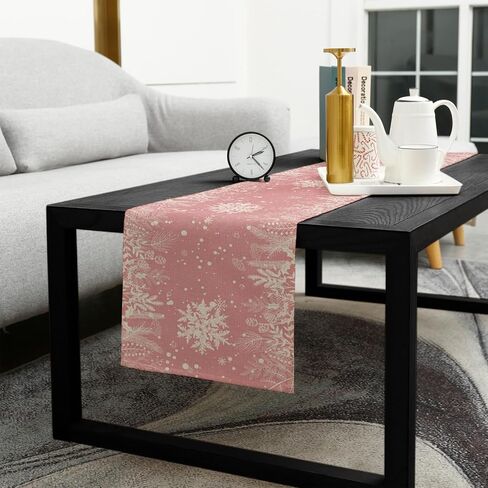 Pink Christmas Table Runner 90 Inches Long for Dining Table Decor, Cotton Linen Winter Snowflake Table Runner Washable Dresser Scarf for Kitchen Christmas Holiday Seasonal Leaves Pine Cones in Kuwait