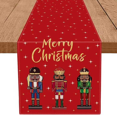 Merry Christmas Table Runner Nutcracker Stars Red Burlap Runner Seasonal Winter Xmas Home Party Kitchen Dining Table Decoration 13x72 Inch in Kuwait