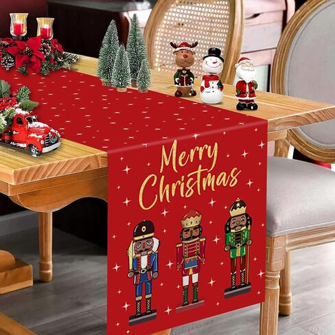 Merry Christmas Table Runner Nutcracker Stars Red Burlap Runner Seasonal Winter Xmas Home Party Kitchen Dining Table Decoration 13x72 Inch in Kuwait