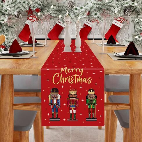 Merry Christmas Table Runner Nutcracker Stars Red Burlap Runner Seasonal Winter Xmas Home Party Kitchen Dining Table Decoration 13x72 Inch in Kuwait