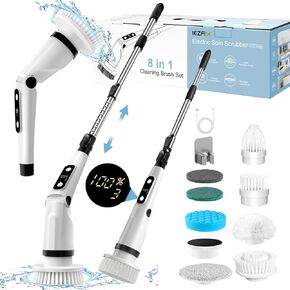 Electric Spin Scrubber, Bathroom Cleaning Brush, Shower Scrubber with Long Handle, Power Cleaner for Cleaning Tub Tile Floor Window, Push Telescopic Rod, 8 in 1 Brush Set, 2H 3V 450RPM Black