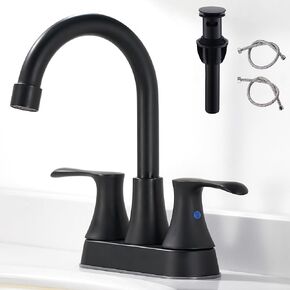 Gold Bathroom Faucet - Two Handle Bathroom Sink Faucet Lead-Free 4 Inch Centerset Lavatory Vanity Faucet Brushed Gold Bathroom Faucets Set with Pop-up Drain & Water Hoses