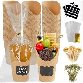 60 Pack Charcuterie Cups with Sticks and Bags, 12oz Disposable Brown Paper Charcuterie Cups, 60pcs French Fry Holder with 100 Bags & Ties, 100 Cocktail Picks,100 Bamboo Skewers, 60 Labels and 1 Marker