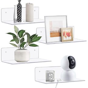 Clear Acrylic Floating Shelves 9 inch, Adhesive Wall Shelf Set of 4 for Funko Pop Figure, Plant, Speaker, Controller, No Drill Small Wall Shelf for Bathroom, Bedroom, Stick on Shelf with Cable Clips