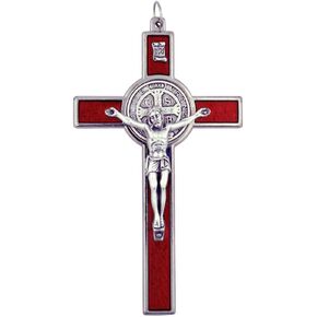 Large 4.75 Inch Saint Benedict Pectoral Cross with Colored Enamel (Red Traditional) Handmade in Italy