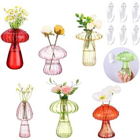 6 Sets Mushroom Wall Vases for Flowers Colored Plant Propagation Station Cute Mushroom vase Small Glass Vases Hydroponic Bud Vase with Hook for Home Room Office Windowsill Decorations