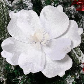 10’’ Large Glitter Christmas Flowers 6 Pcs Artificial Magnolia Flower Velvet Fold Christmas Tree Flower Decorations Xmas Tree New Year Party Wedding Ornaments (White) in Kuwait