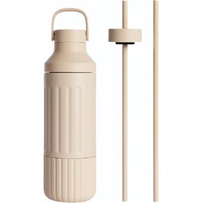 Beast Health® Stainless Steel Water Bottle, 22 oz, Insulated Stainless Steel, Leak-Proof, Reusable Straw System, Portable Carry Cap, BPA-Free, Dishwasher Safe (Sand)