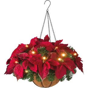 Pre lit Christmas Hanging Basket 17.7in Artificial Poinsettia Christmas Flower Hanging Planter with Lights Faux Hanging Christmas Potted Basket with Pine Picks for Outdoors Indoor Holiday